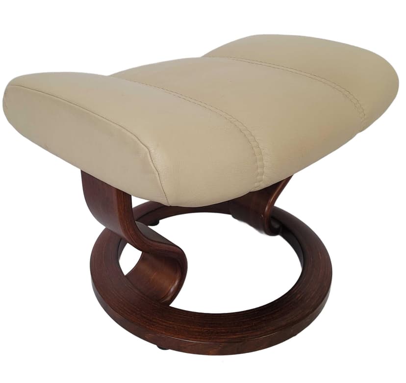 Ottoman Stressless, beige leather, reddish-brown wood, Scandinavia, 1970s.