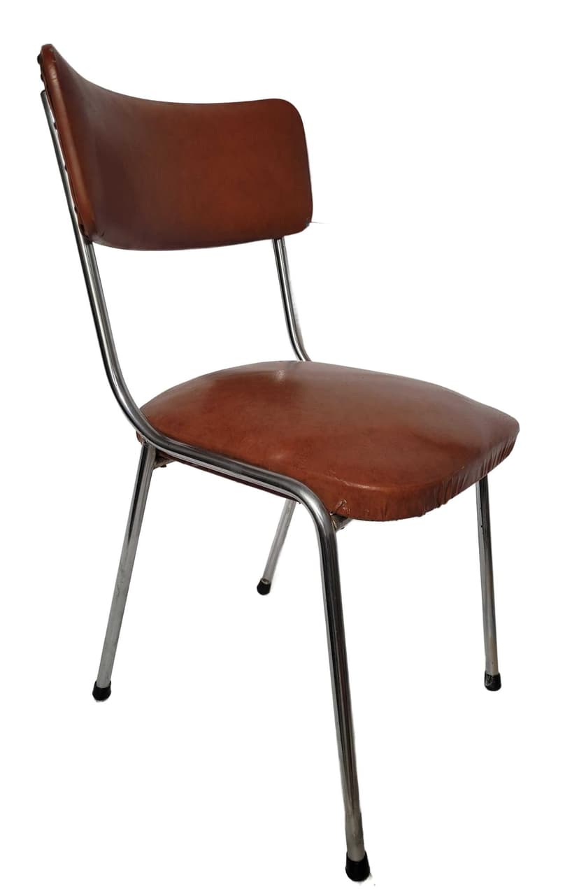 Kitchen Chair, brown faux leather, chrome, Poland, 1960s.