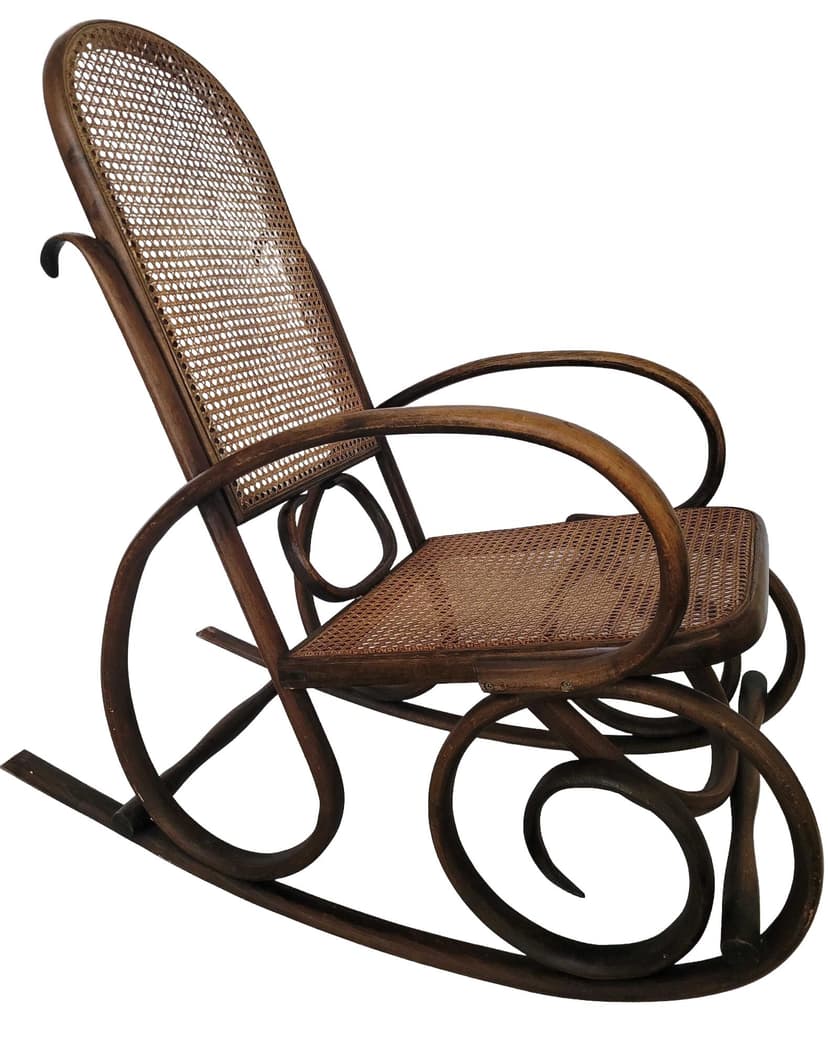 Rocking chair, brown wood, beige rattan, Austria, 1930s.