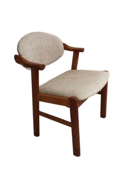 Chair, brown teak, beige cotton, by K. Kristiansen, Denmark, 1960s.