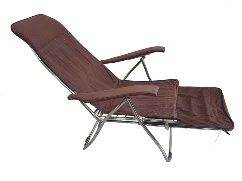 Folding lounge chair, brown fabric, silver metal, Poland, 1970s.
