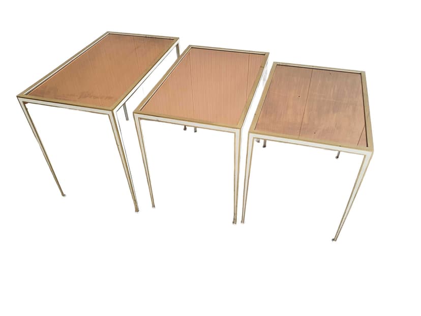 Set of three side tables, gold brass, brown glass, Vereinigte Werkstätten, Germany, 1960s.