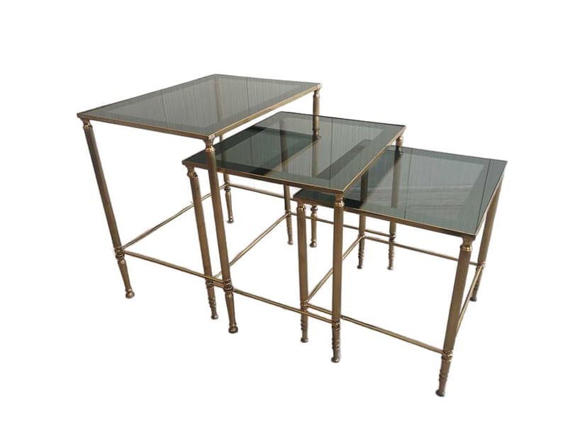 Set of three nesting tables, gold brass, grey green glass, 1990s.