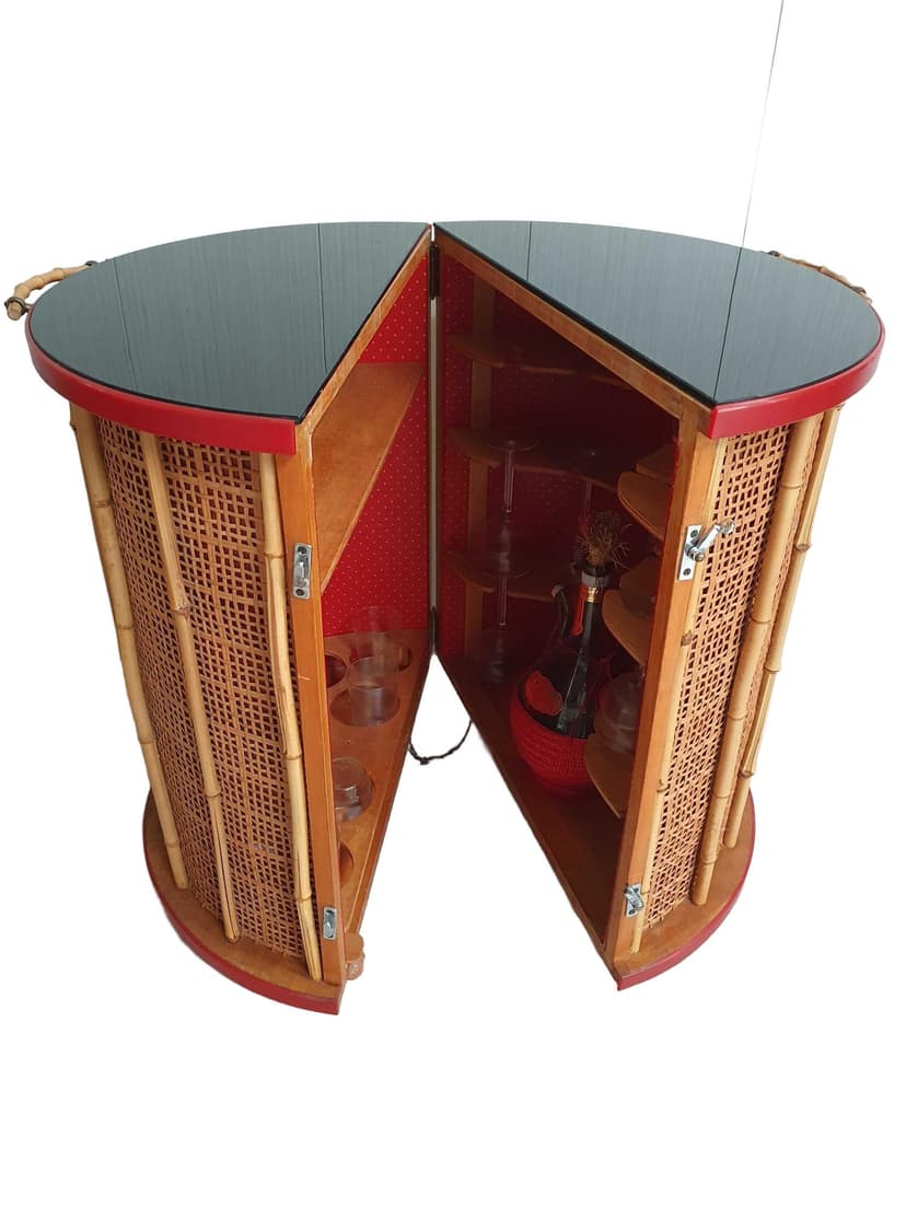 Round Mobile Bar Cabinet, brown bamboo, black glass, brass, Poland, 1970s.