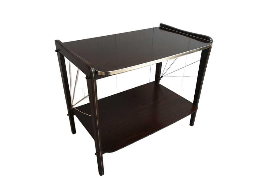 Side Table Rockabilly, dark brown wood, gold brass, Poland, 1960s