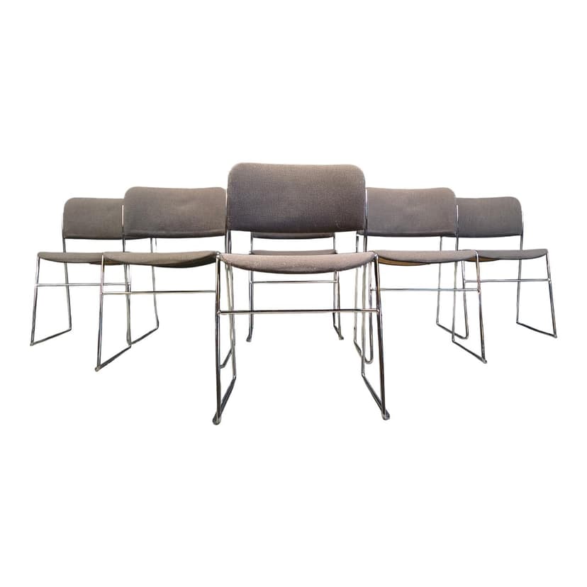 Set of six 40/4 chairs, grey upholstery, chromed steel, by D. Rowland, Seid International, Belgium, 1970s.