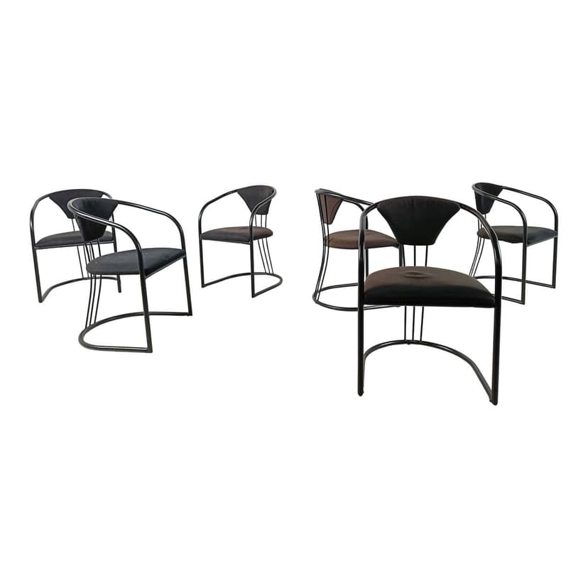 Set of six postmodern dining chairs, black velvet, black metal, Italy, 1980s.