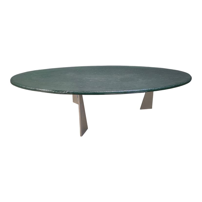 Coffee table G3, transparent green glass, stainless steel, by J. Van Beek, Metaform, Netherlands, 1980s.