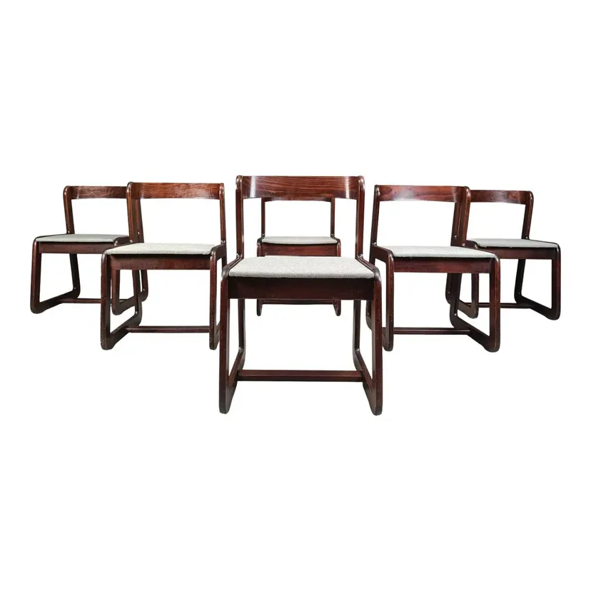 Set of six dining chairs, reddish-brown wood, white fabric, by M. Sabot, Italy, 1970s.
