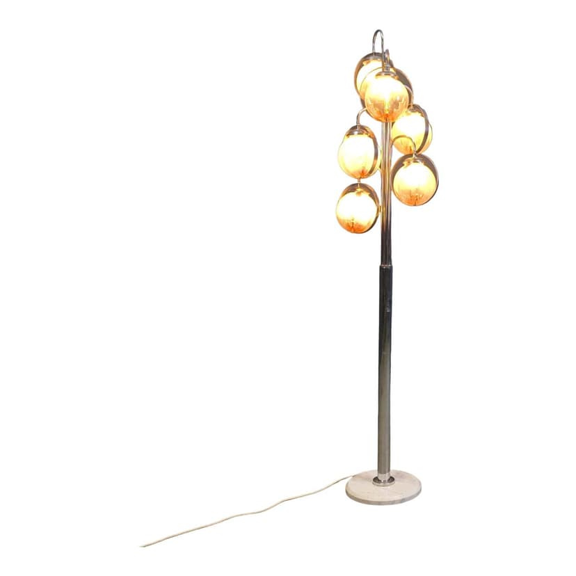 Floor lamp, Murano, transparent yellow glass, chrome, white marble, Mazzega, Italy, 1970s.