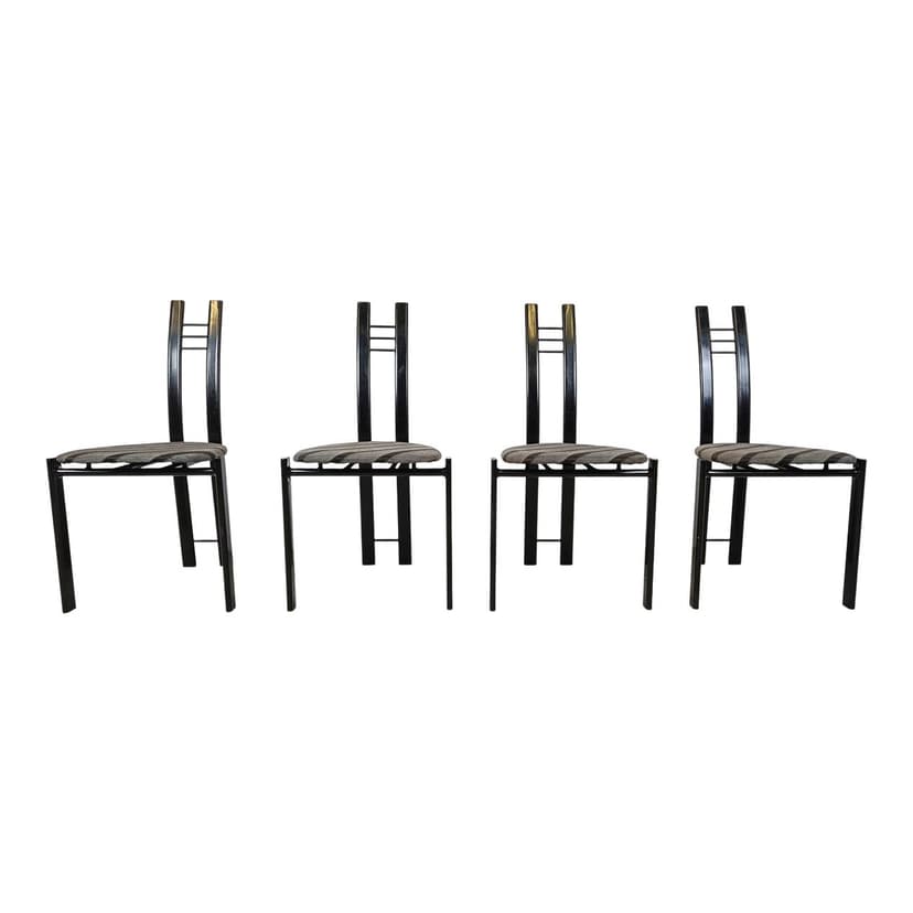 Set of four postmodern dining chairs, black metal, grey fabric, Belgium, 1980s.