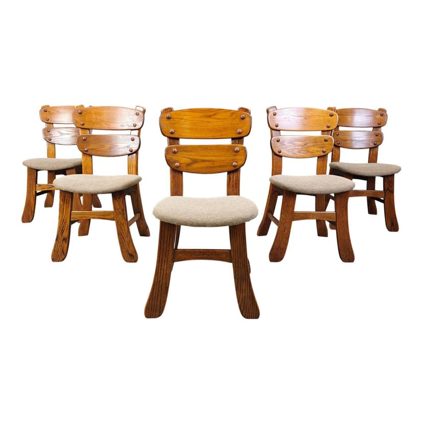 Set of five brutalist dining chairs, brown wood, grey fabric, Germany, 1960s.