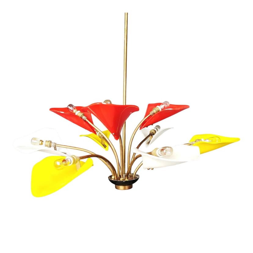 Chandelier, red yellow white, plexiglass brass, Italy, 1970s.