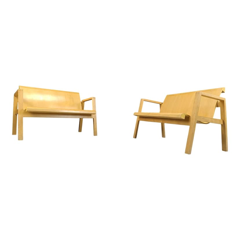 Set of two benches, Scandinavian style, brown plywood, yellow wood, Belgium, 1970s.