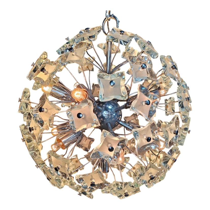 Sputnik chandelier, yellow blue grey glass, silver chrome, Italy, 1970s.