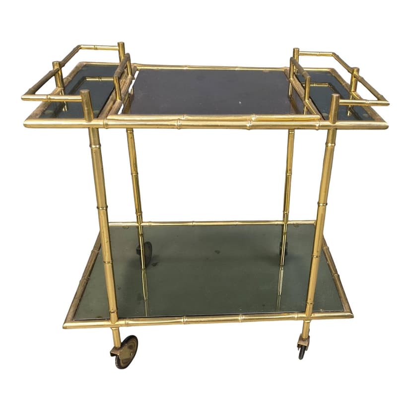 Bar Cart Faux Bamboo, Gold Brass, Grey Glass, Italy, 1970s