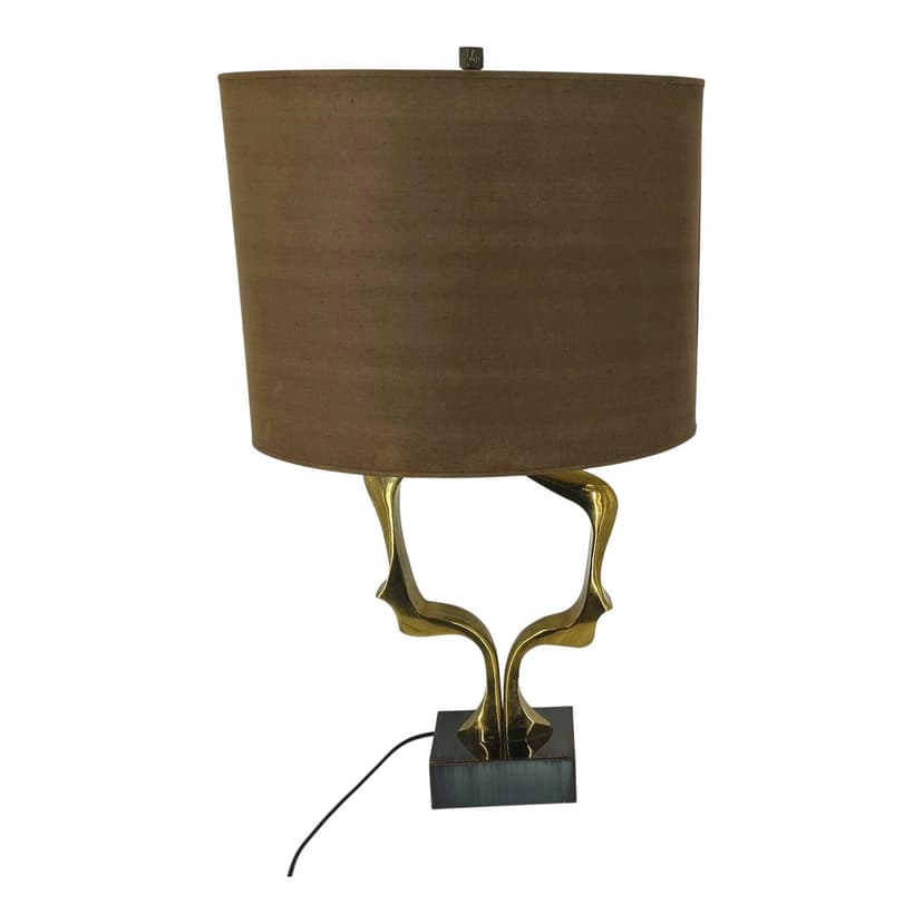 Lampa stołowa, brąz złoty, drewno czarne, tkanina brązowa, proj. W. Daro, Belgia, lata 70.