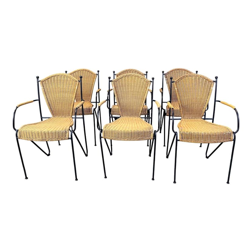 Set of six bistro chairs, brown rattan and wicker, black metal, by F. Weinberg, France, 1960s