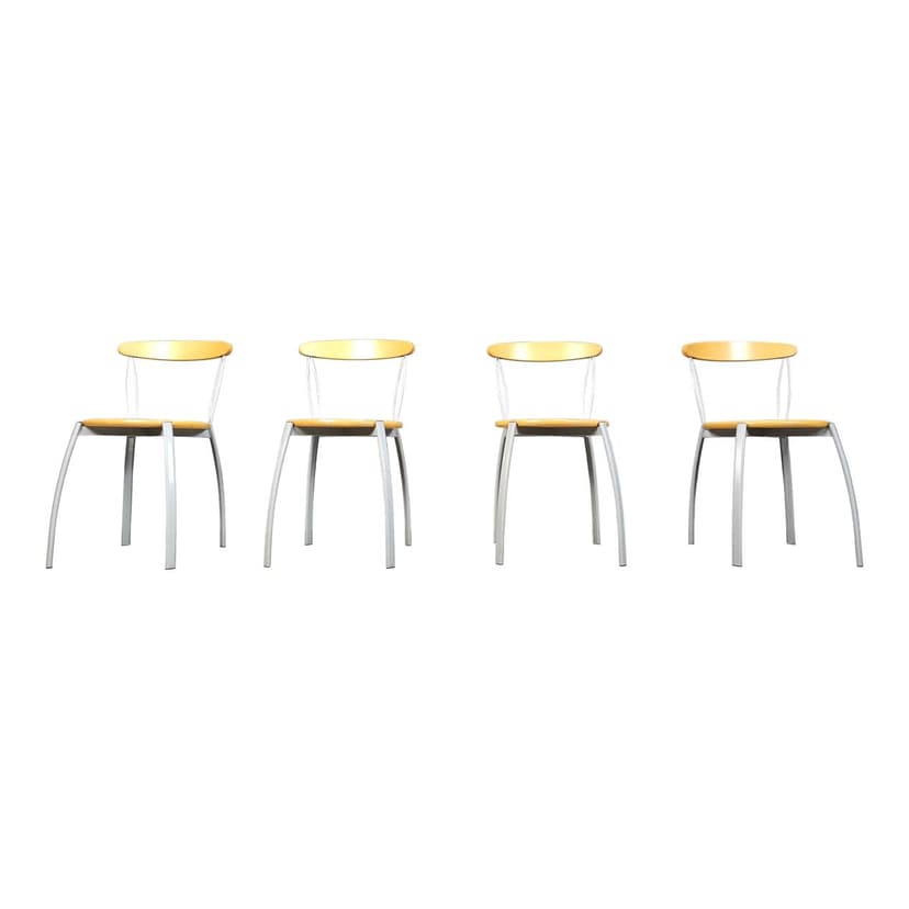 Set of Four Postmodern Dining Chairs, brown plywood, grey metal, Italy, 1990s