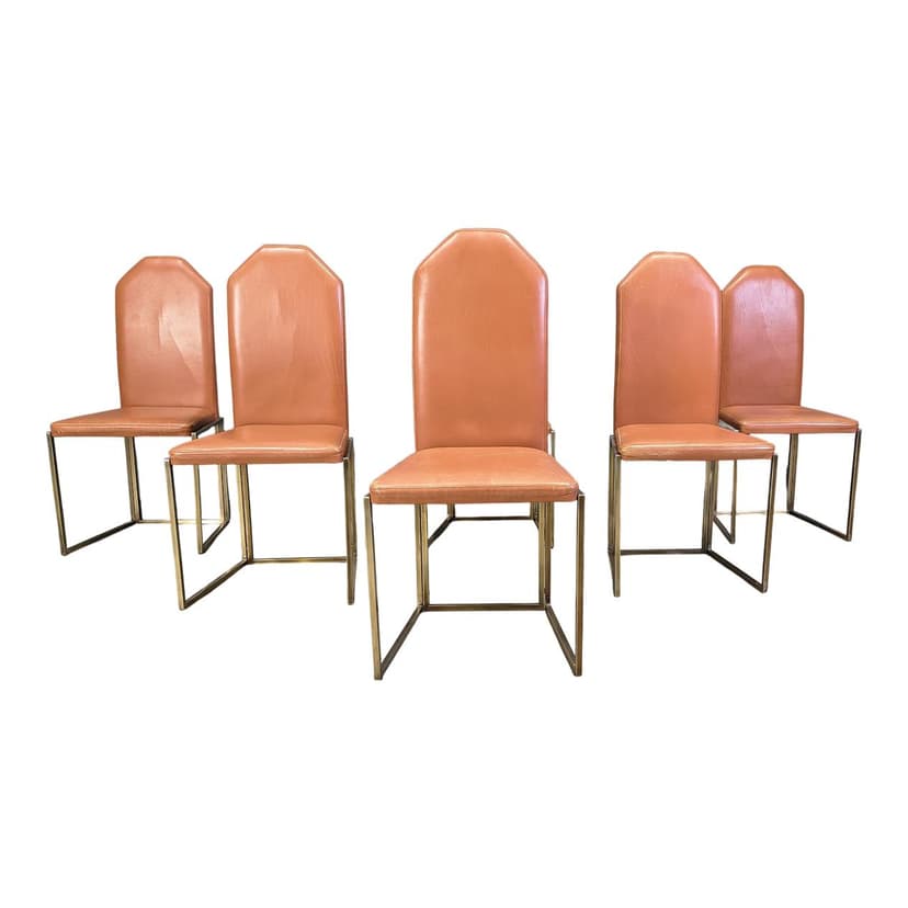 Set of six dining chairs, brown leather, gold brass, Belgochrom, Belgium, 1970s.