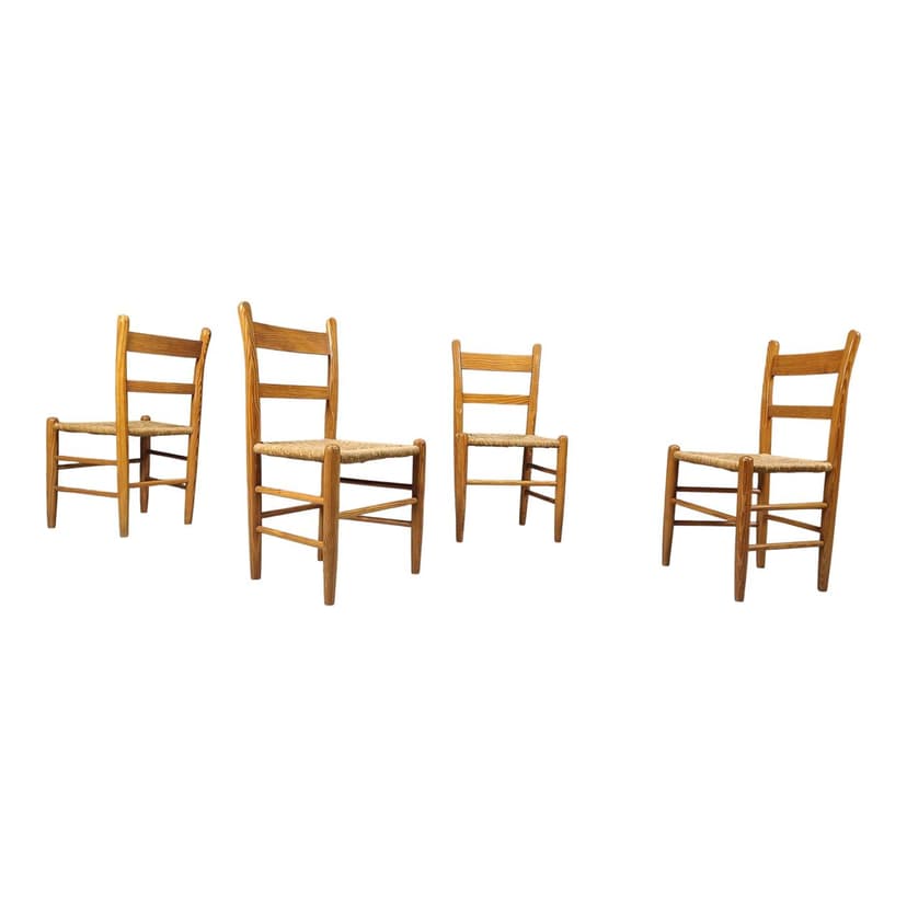 Set of four dining chairs, brown oak, beige wicker, Denmark, 1970s.
