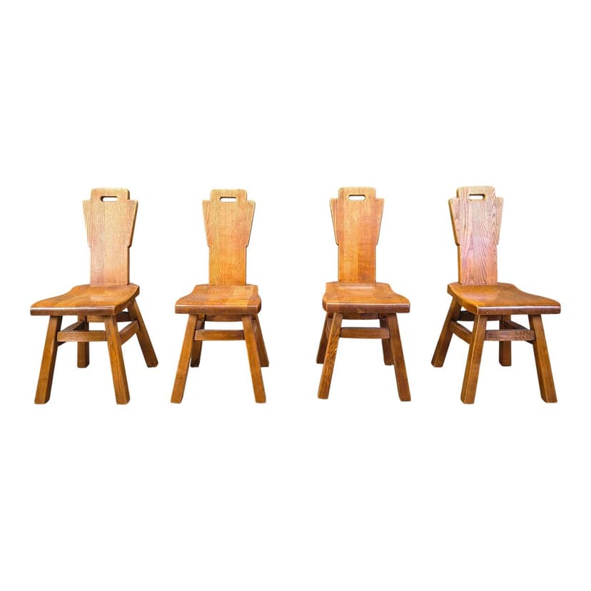 Set of four brutalist chairs, brown oak, Belgium, 1970s