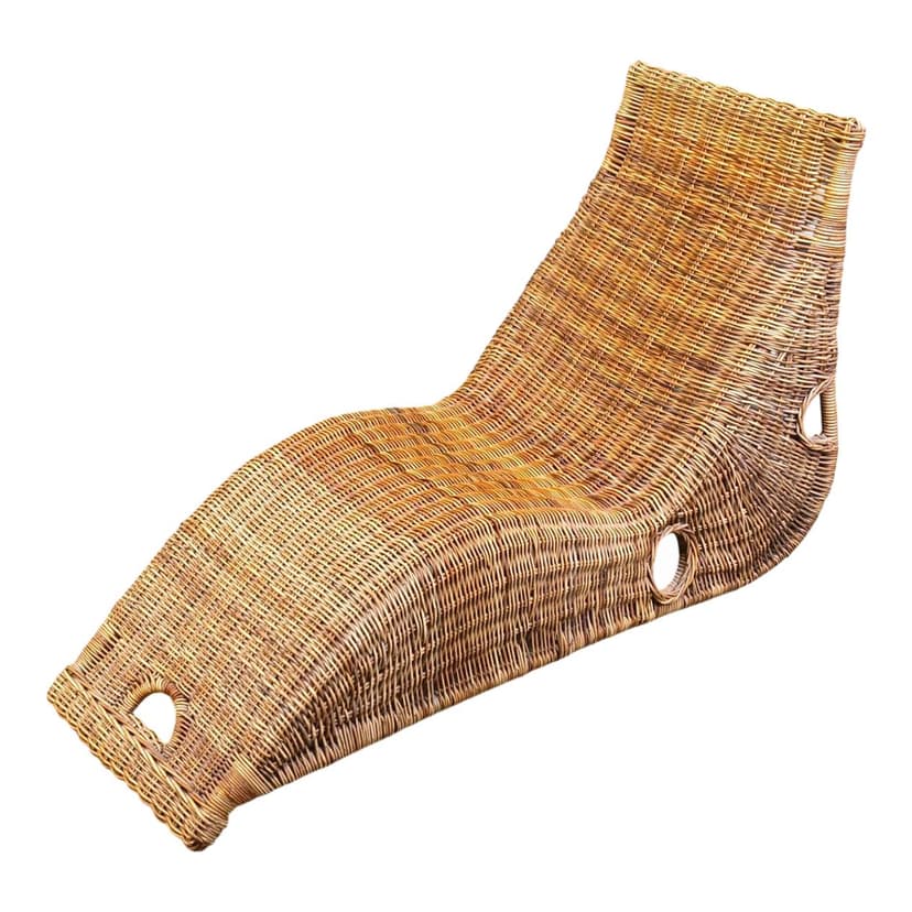 Chaise longue, beige rattan and wicker, France, 1970s