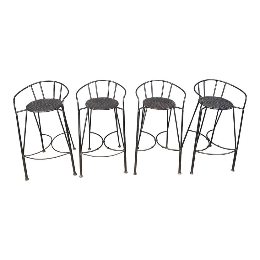 Set of four bar stools, black rattan, black iron, Belgium, 1970s.