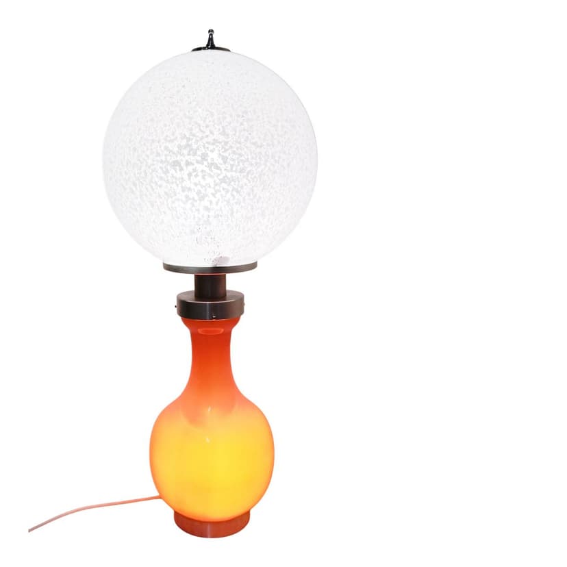 Lampa stołowa, szkło opalowe białe pomarańczowe żółte, chrom srebrny, Mazzega, Włochy, lata 70.
