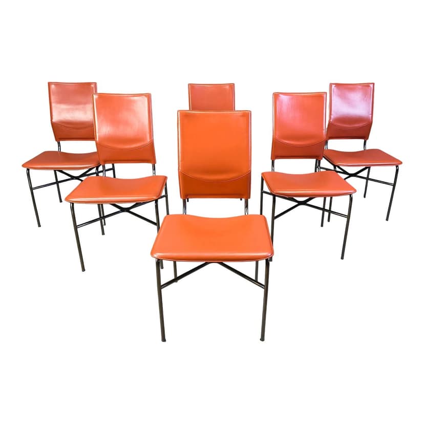 Set of six dining chairs, orange leather, black metal, by R. Littel, Matteo Grassi, Italy, 1970s.