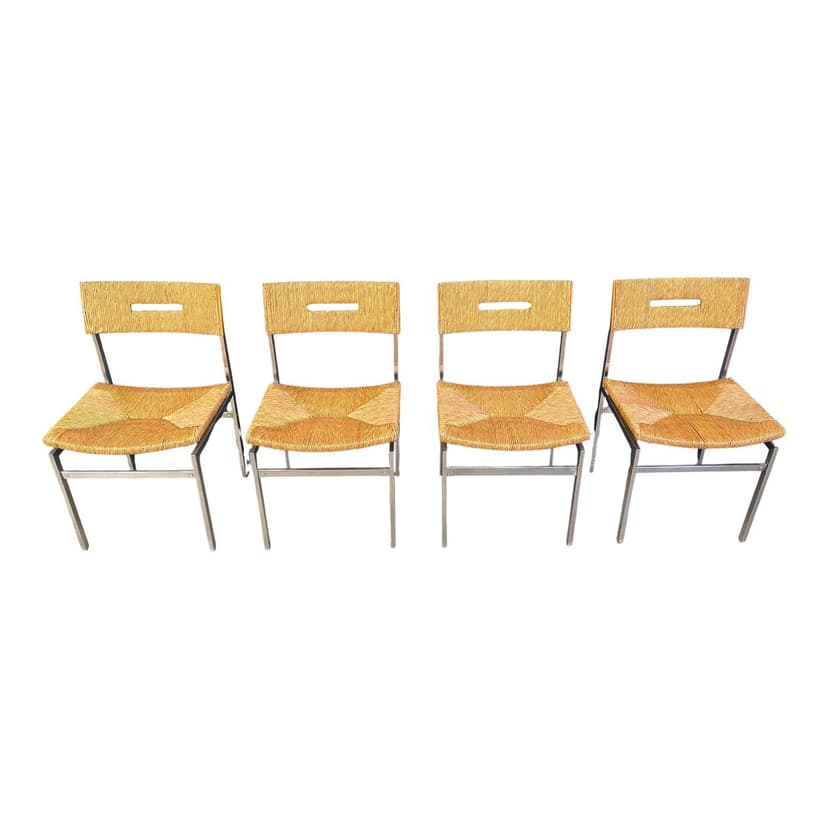 Set of four chairs, brown rattan, silver chrome, Belgium, 1970s.