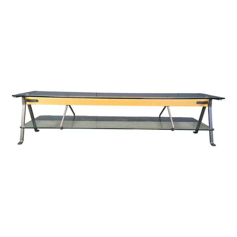 Coffee Table Fratello, transparent glass, black steel, brown beech, by E. Mari, Belgium, 1970s.