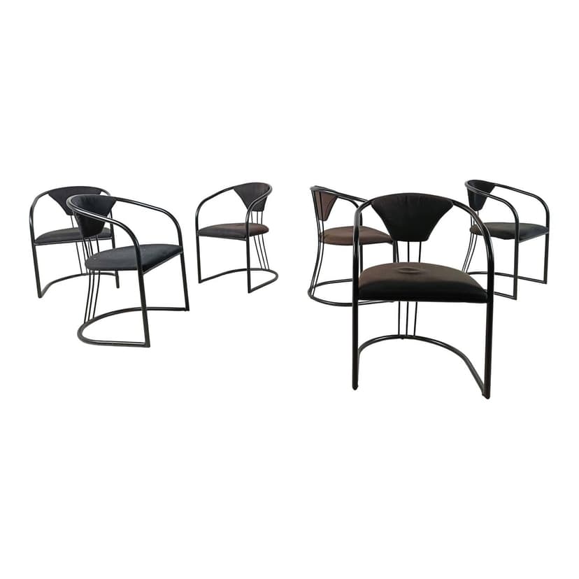 Set of Six Postmodern Dining Chairs, black metal, black fabric, Italy, 1980s.