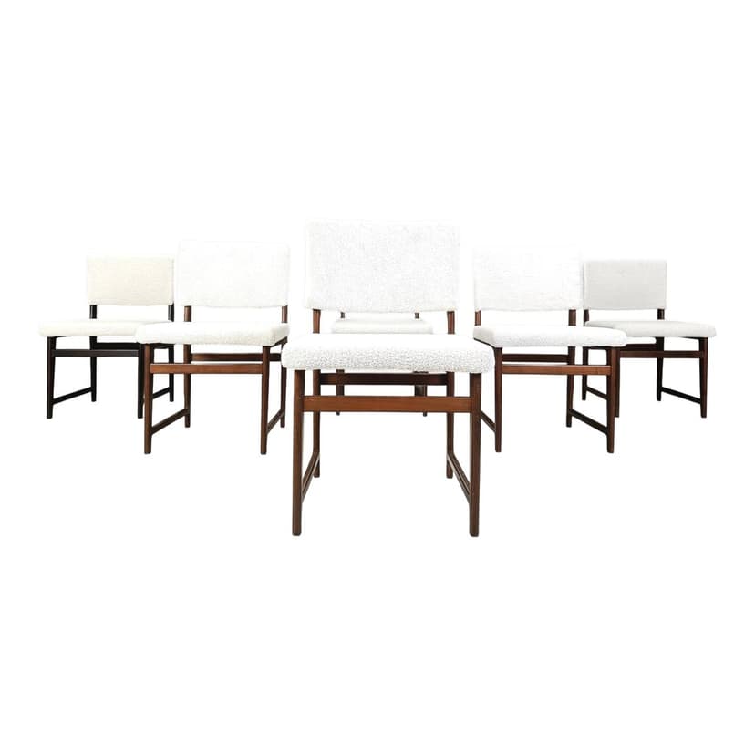 Set of six Scandinavian dining chairs, brown teak, white bouclé, Belgium, 1960s.