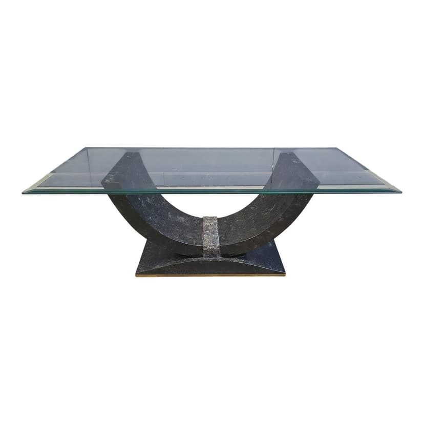 Coffee Table Maitland Smith, black and beige tessellated stone, transparent glass, Belgium, 1980s