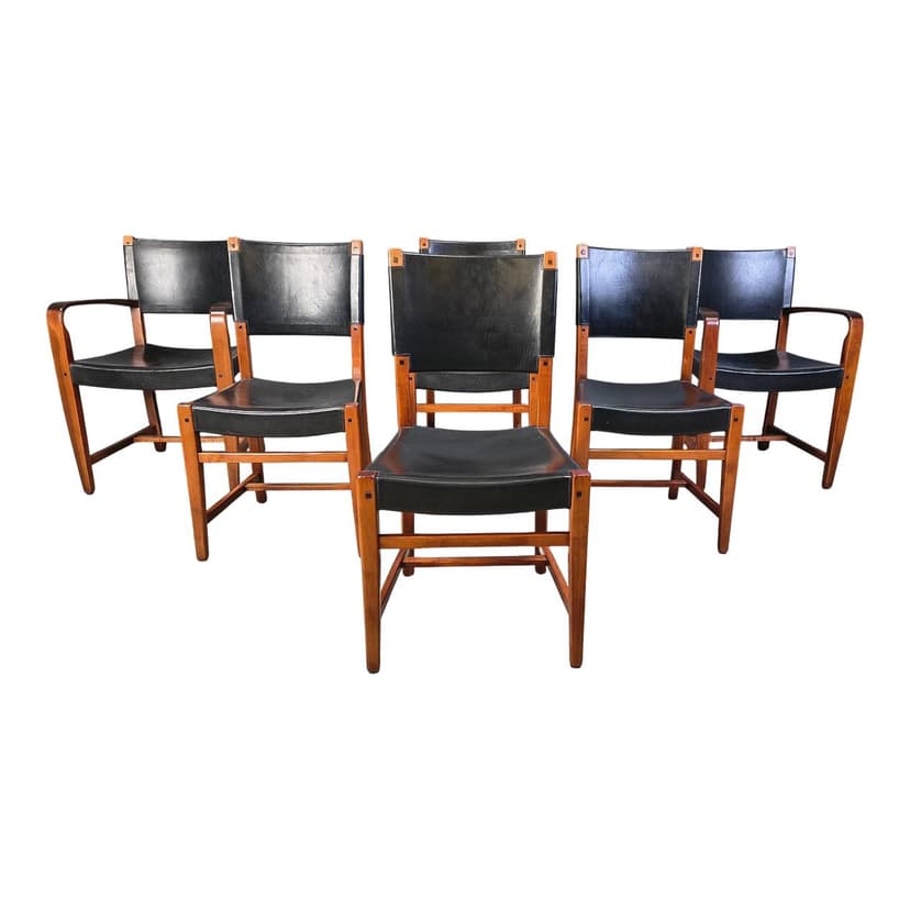 Set of six dining chairs, black leather, brown wood, Spain, 1970s.