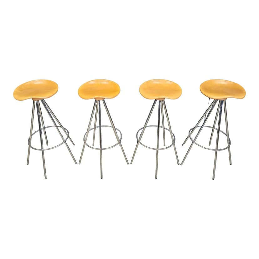 Set of four bar stools Jamaica, brown beech, silver chrome, by Pepe Cortès, Spain, 1990s.