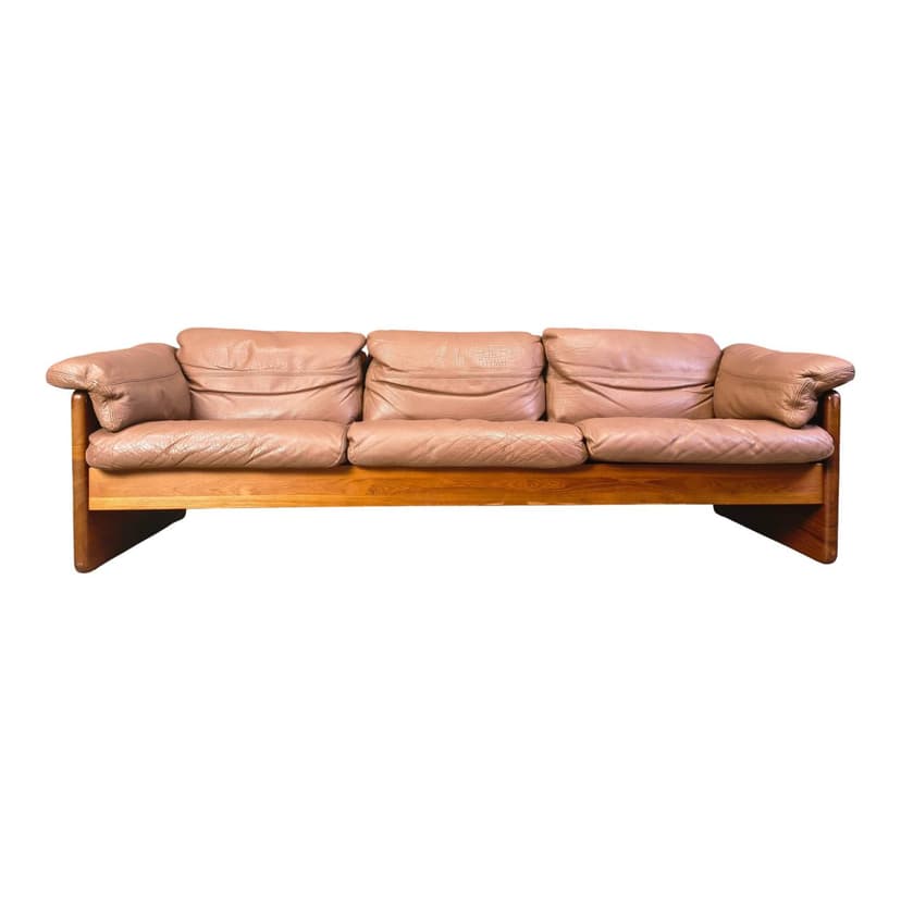 Sofa trzyosobowa, skóra brązowa, teak, proj. M. Laursen, Dania, lata 70.
