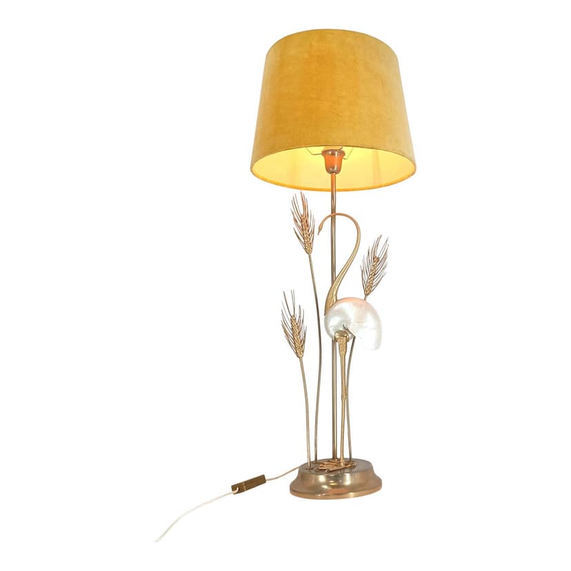Lampa stołowa Hollywood Regency, welur żółty, mosiądz złoty, proj. A. Pavia, Włochy, lata 70.