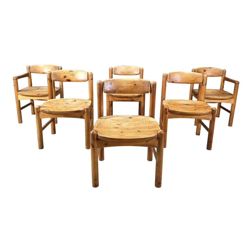 Set of six dining chairs, brown pine, by R. Daumiller, Denmark, 1970s