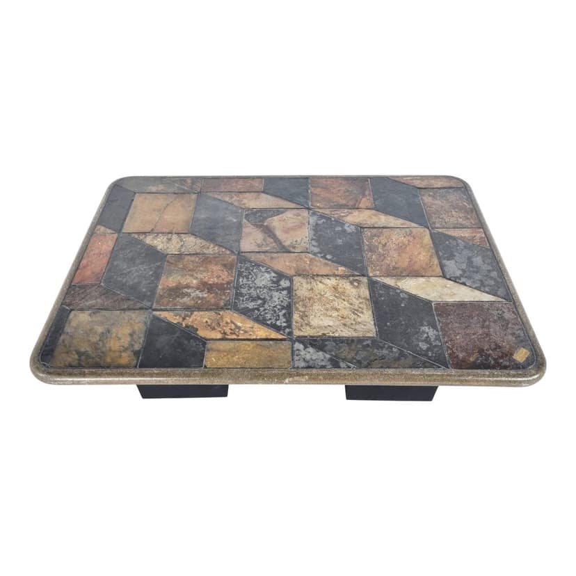 Coffee Table Brutalist, brown stone, black wood, Germany, 1970s.