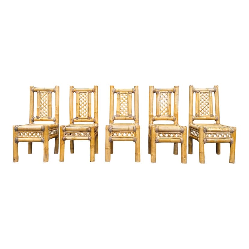 Set of five chairs, brown bamboo, gold rattan, Belgium, 1970s.