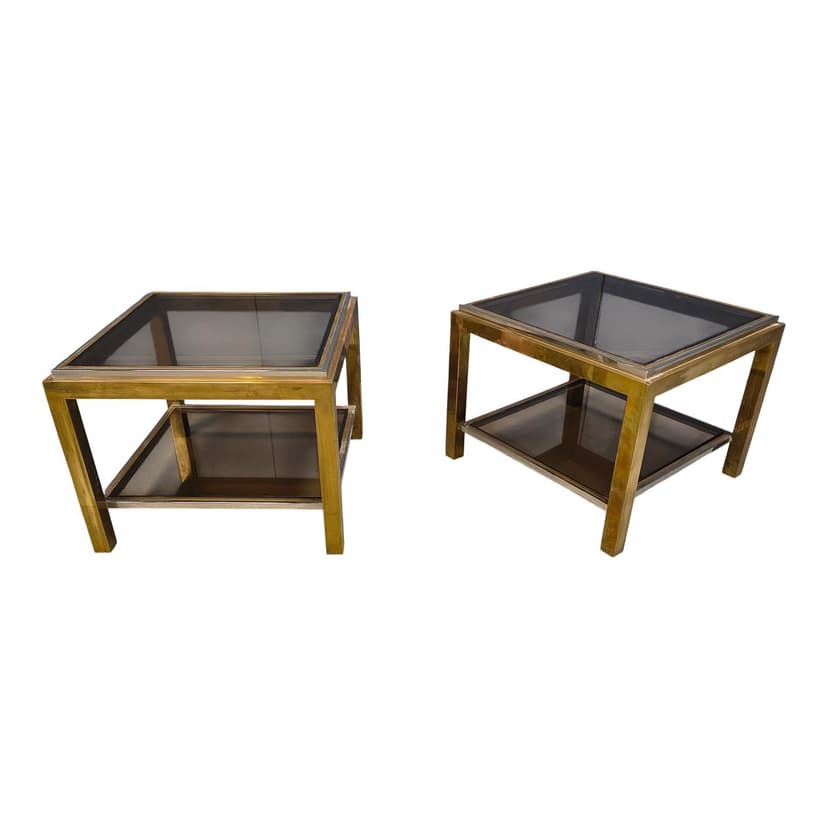 Pair of side tables, gold brass, smoked glass, France, 1970s