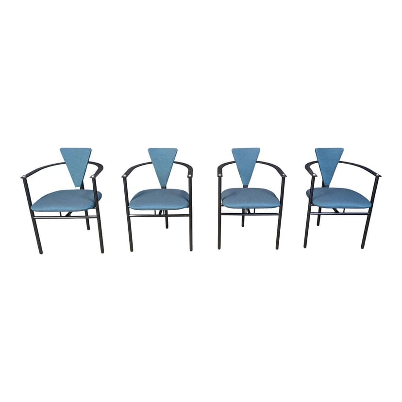 Set of four dining chairs Memphis, blue fabric, black metal, Belgium, 1980s.
