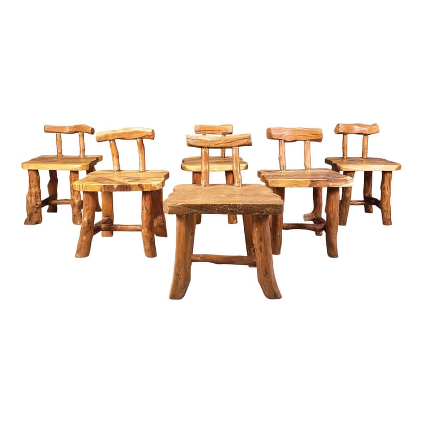 Set of six brutalist dining chairs, brown wood, Belgium, 1960s.
