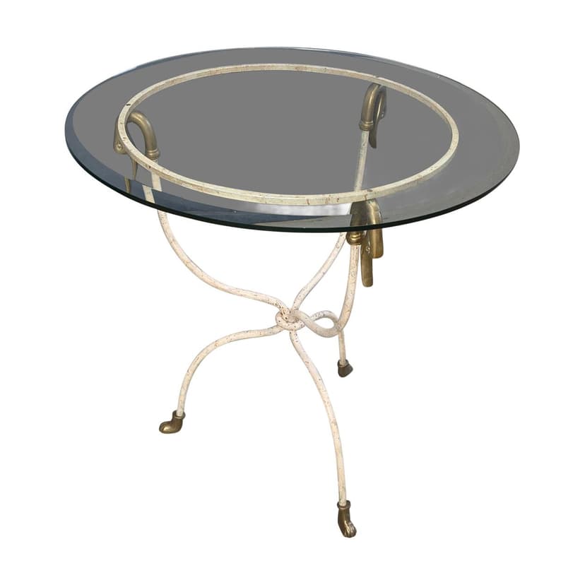 Side Table Swan, white iron, gold brass, clear glass, Italy, 1970s.