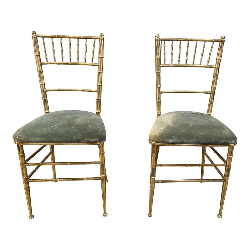 Pair of Faux Bamboo Chairs, gold brass, green velvet, Italy, 1970s.