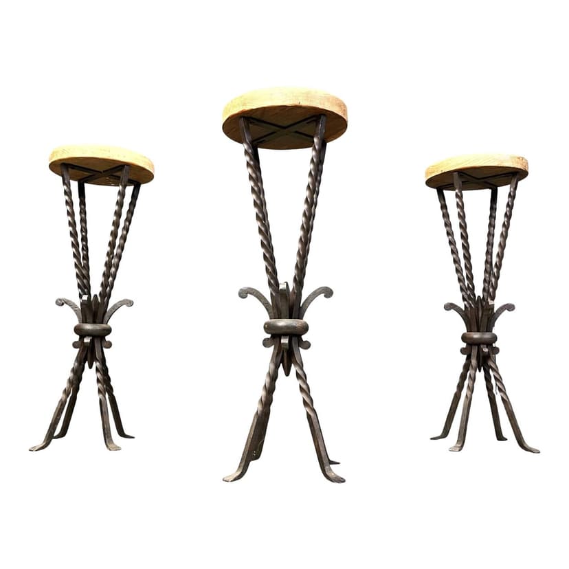 Set of three bar stools, brown oak, black iron, France, 1960s