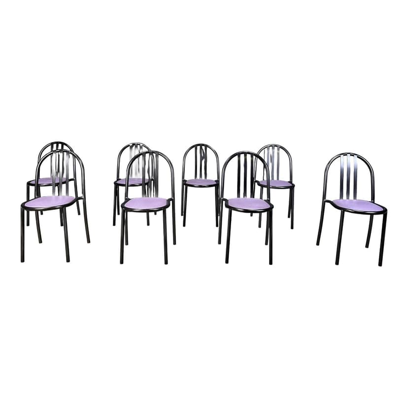 Set of eight chairs Nr 222, purple skai, black metal, by R. Mallet-Stevens, Belgium, 1980s.