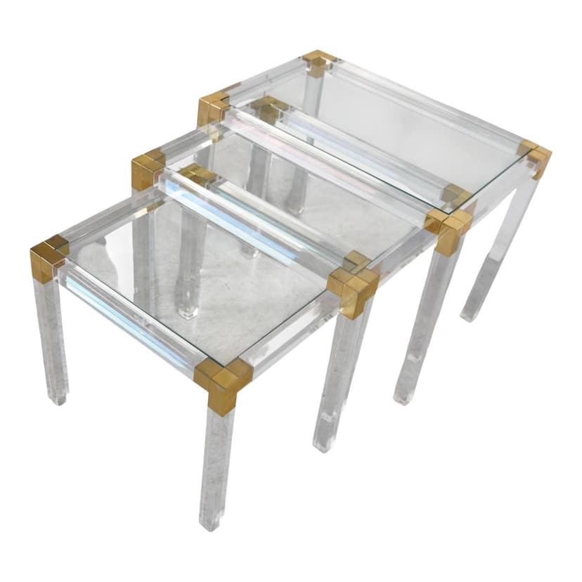 Set of three nesting tables, transparent lucite, brass, glass, Belgium, 1970s.